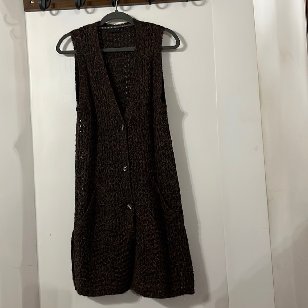 Sanctuary Rich Brown long open weave vest
